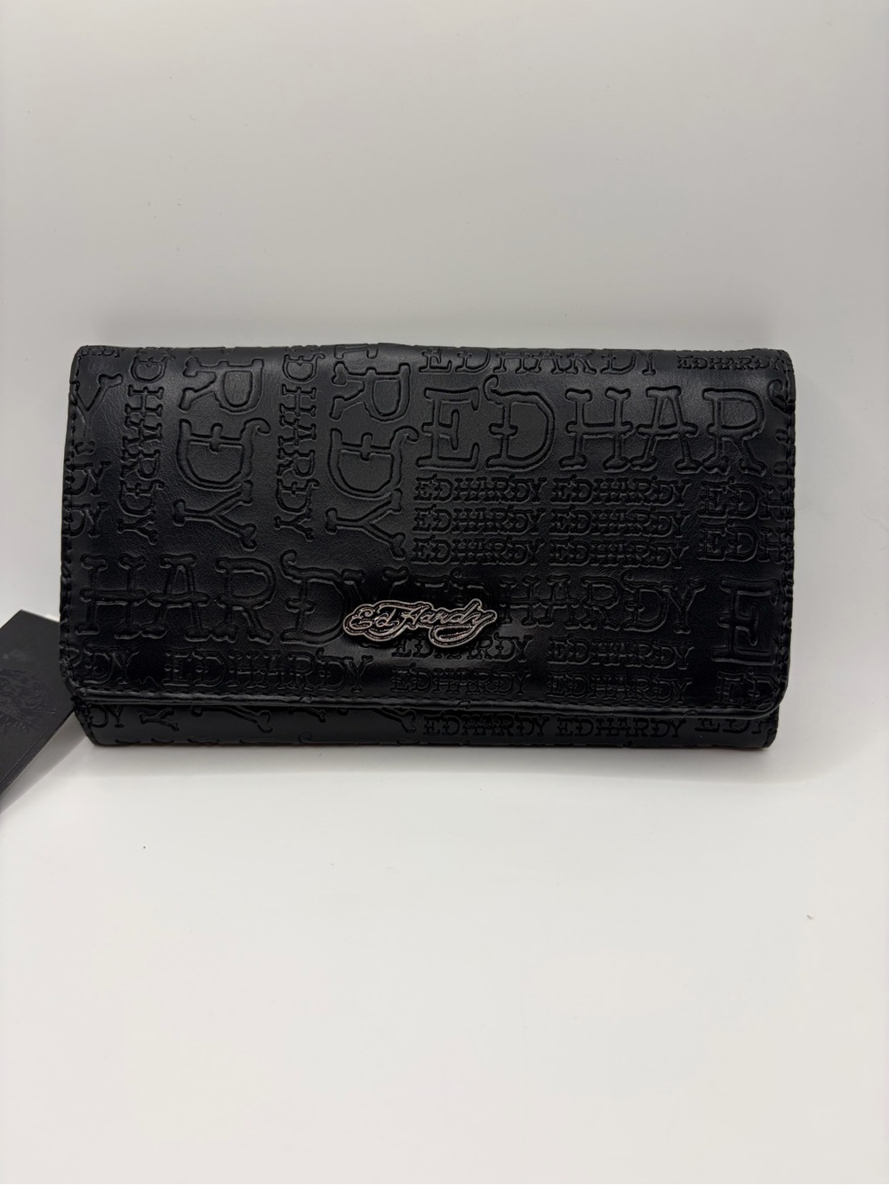 Ed Hardy Black Embossed Logo Clutch Wallet